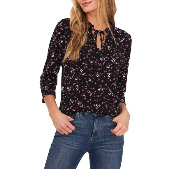 CeCe Women's Three-Quarter Sleeve Ruched Tie-Neck Top XL Black NWT - Picture 1 of 2